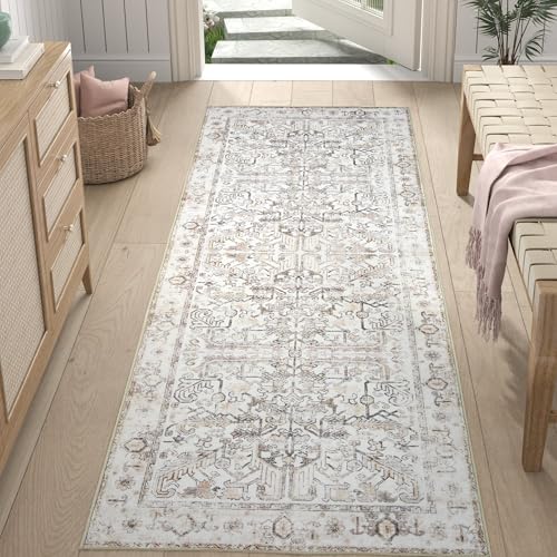 jinchan 2x6 Washable Hallway Runner Rug, Vintage Floral Non-Slip, Taupe