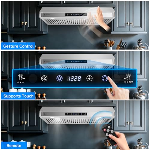 Image of AMZCHEF 36 inch Under-Cabinet Range Hood - 1050 CFM Dual-Fan System, 3-Speed Stainless Steel Kitchen Vent with Touch /Remote /Gesture Control, Timer, LED Lights & Dishwasher-Safe Baffle Filters