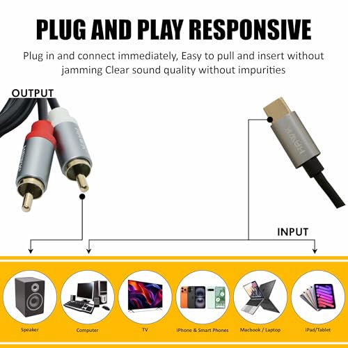 Image of Y Cable Type C to Dual RCA Male Cable compatible with smartphone, laptops or devices with Type C connectivity, 1.8 Meter, Black