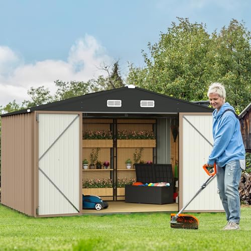 Image of GUNJI 10 x 8 FT Shed Outdoor Storage Shed Metal Garden Shed with Lockable Door Outside Waterproof Tool Shed for Backyard, Patio, Lawn (Brown)