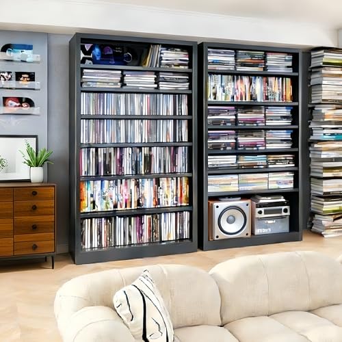 Image of Metal DVD Storage Cabinet, 7 Tier Tall Media Storage Shelf with Adjustable Shelves, Freestanding CD & DVD Rack Tower Bookshelf for Living Room, Home Entertainment,Black