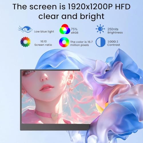 Image of Portable Monitor, 14-inch, 1920x1200P, Ideal for Travel | Built-in dual speakers | Compatible with laptop and desktop gaming, plug-and-play | Lightweight and compact | Easy to carry