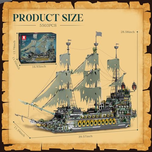 Image of Reobrix Pirate Ship Building Sets, MOC Flying Dutchman Model Toy Boat,Green Ghost Ship Building Blocks Sets 66037,Toy Sets for Adults,Halloween Home Decor Birthday Gifts for Kids 14+(5503 PCS | 66037 Maquette Bateau, Cannons with Shooting Function, 360 Rotating Rudder, Large Sailing Ship, Flying Dutchman, 5865 Pieces