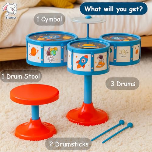 Image of Storio Jazz Drum Set for Kids | Musical Toy Set with 3 Drums, 1 Cymbal, Drumsticks & Stool | Durable Plastic Learning Toy Music Instrument for Boys & Girls for 3 Years+
