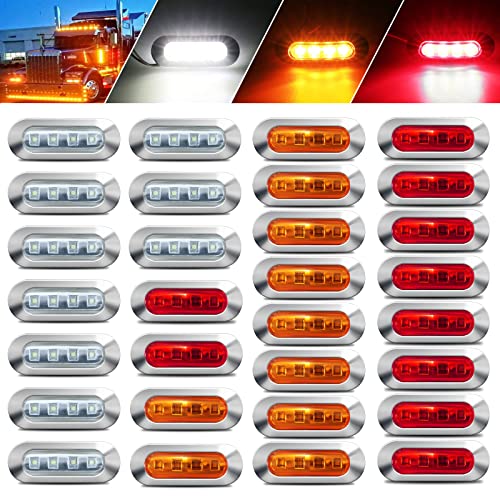 ALFU 30PCS 12-24V 4 LED Side Marker Indicator Lights Front Rear Tail Clearance Lamp for Trailer Truck Boat Deck RV Camper - Amber/White/Red With Chrome Bezel