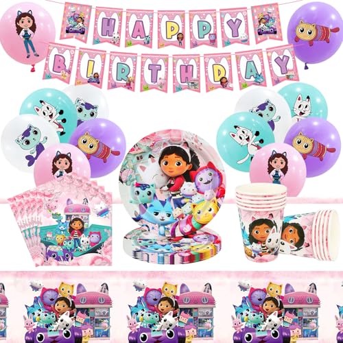 54 Pcs Gabys Dolhouse decoração de aniversário menina - kit de festa completo com balões, bandeira, pratos, copos, guardanapos e toalha de mesa | louça descartável para 6-10 pessoas