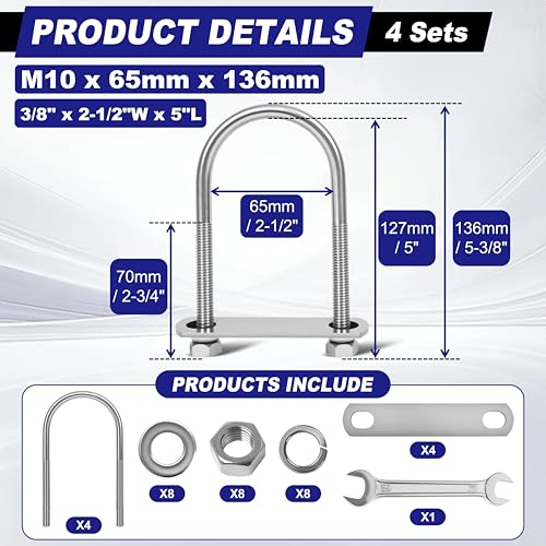 Image of 4 Sets M10 U Bolts 2-1 /2 Inch Wide, 3 /8 inch x 2-1 /2 inchW x 5 inch L | 304 Stainless Steel U Bolt Heavy Duty for boat trailer with Nuts, Bolt Plate and Washers,u bolts 2.5 inch wide,Metric bolts