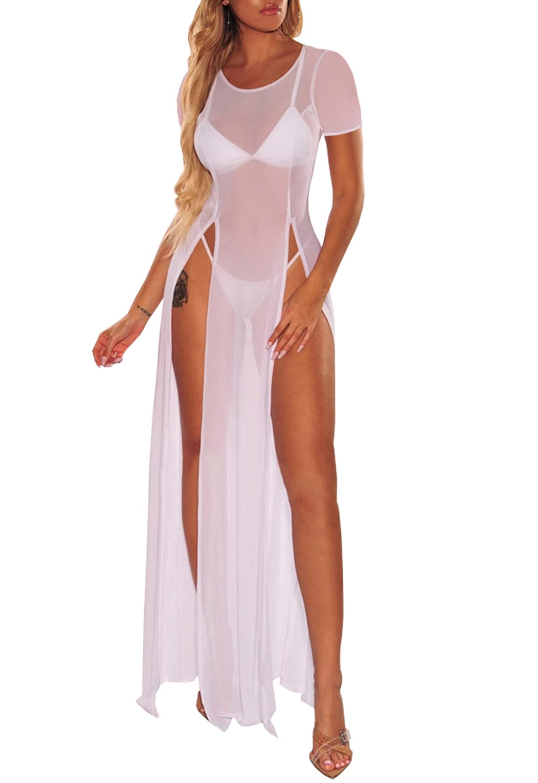 Women's Swimsuit Beach Bikini Cover up Sheer Mesh Dress Sexy See Through Mesh Tops Beachwear