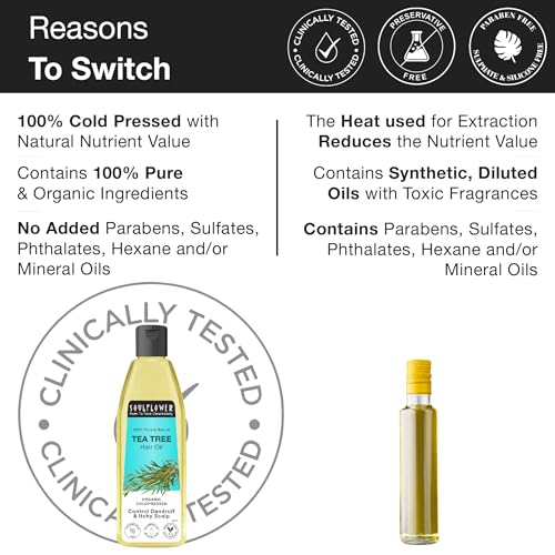 Image of Soulflower Tea Tree Hair Oil | Hair Growth, Scalp Nourishment, Anti Dandruff | Pure, Natural, & Cold Pressed | Tea Tree Essential Oil, Castor, Sesame, Olive & Jojoba Oil | 120ml