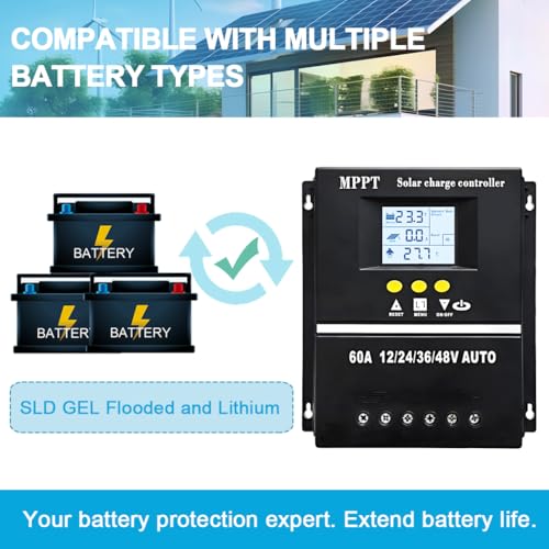 60A Solarladeregler MPPT 12V 24V 36V 48V LCD-Display Batterie Intelligenter Regler Max. 100V Eingang Dual USB für Blei-Säure/Lithium/LiFePO4