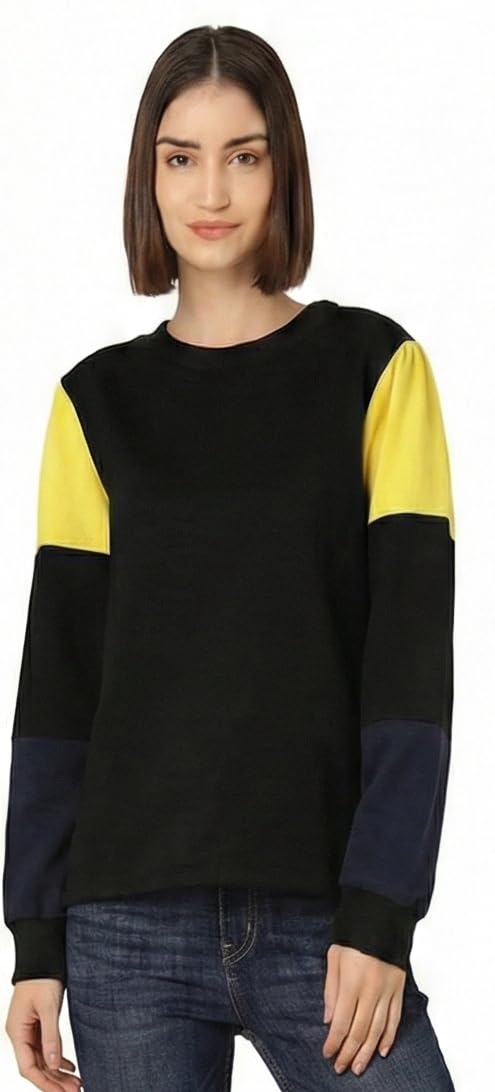 Women's Color Block Sweatshirt, Black with Yellow and Navy Sleeves, Crew Neck Long Sleeve Pullover-picture-49