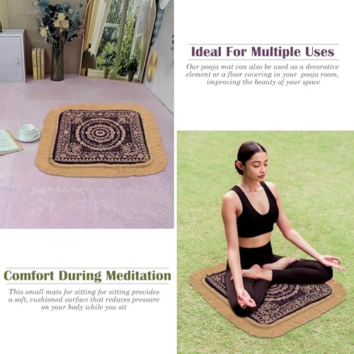 Image of Kuber Industries Pack of 2 Velvet Pooja Mat for Sitting On Floor | Comfortable Eating Aasan for Home | Decorative Sitting Mat for Meditation & Mandir | Floral - Golden & Purple