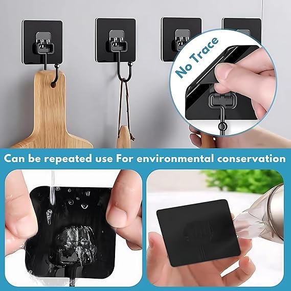 Image of Maxxic Labaratories (20 pcs) Self Adhesive Wall Hooks Heavy Duty for Hanging up to 10 kg | Nail Free Sticky Hooks for Wall Heavy Items Without Drilling, Black Color Wall Hanger Hook