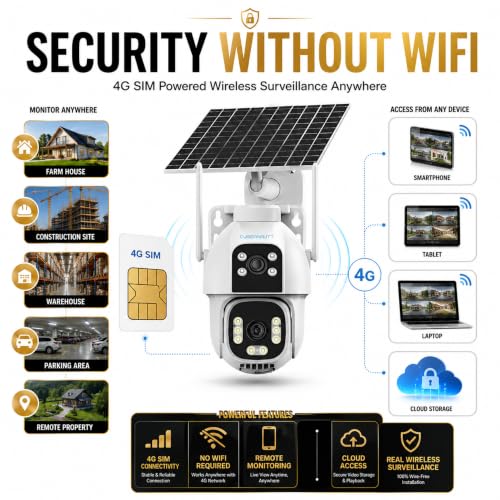 Image of VIE Solar Camera Outdoor Waterproof 4G SIM CCTV Camera, 4MP Dual Lens PTZ, 360 Degree with 10X Zoom, Motion Detection, Two-Way Audio, Night Vision, IP66 Waterproof, Mobile App Monitoring