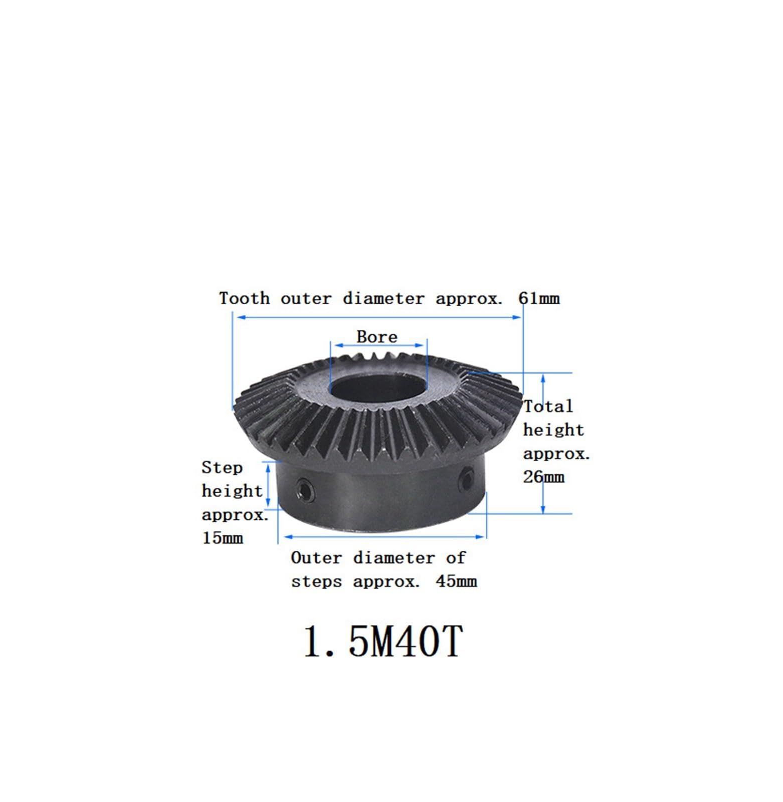 Bevel Gear Pinion Hardware Mechanical 1pcs 1:2 Bevel Gear with Keyway 1.5M 40T Steel Transmission 90 Degrees Bore 10-15/10-20mm(20mm Keyway 6x2.8mm)