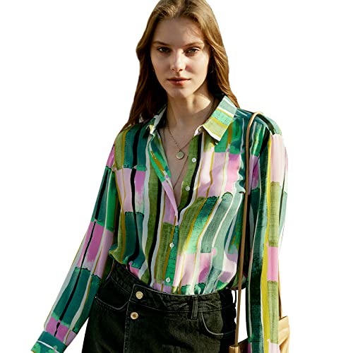 Cold Posh Women's 100% Pure Silk Blouse: Long Sleeve Button Down Shirt Spring Summer Elegant Tops - Women Formal Comfy Retro Shirts For Ladies Business Casual Smooth Blouses,Pink & Green Striped,Xxl #TOP21
