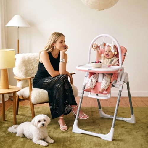 Image of INFANS High Chair for Babies and Toddlers, Foldable Highchair with 7 Different Heights 4 Reclining Backrest Seat 3 Setting Footrest, Removable Tray Built-in Rear Wheels with Locks