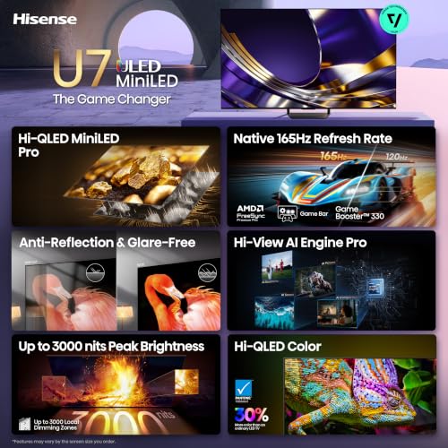 Hisense 65" U7 Mini-LED ULED 4K UHD Best Premium Gaming Smart Google TV (65U7SG, 2026 NEW) - Hi-QLED, Native 165Hz, VRR 330, HDR10+, Dolby Vision IQ · Atmos, IMAX Enhanced, Anti-Reflection, 2.1.2 Ch - image 3