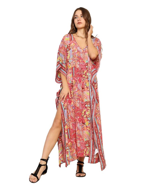 KE KANHA EXPORTS Stylish Kaftan Dress for Women|Beach Wear Dress|Long Maxi Boho Soft|Silky|Premium Feel Fabric Dress|Adjustable Drawstring Tassel|Fits S-M-L