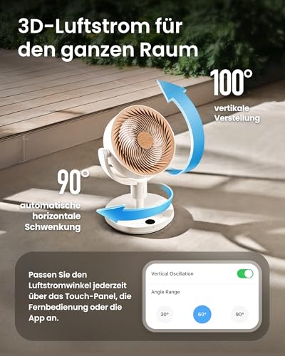 SwitchBot Standventilator mit Luftzirkulation mit RGB-Beleuchtung, 22 dB-ultra-leise, Fernbedienung, Matter via Hub, 9,15 m³/min Luftstrom, höhenverstellbar, 4 Modi, 9 Geschwindigkeiten, 9h-Timer