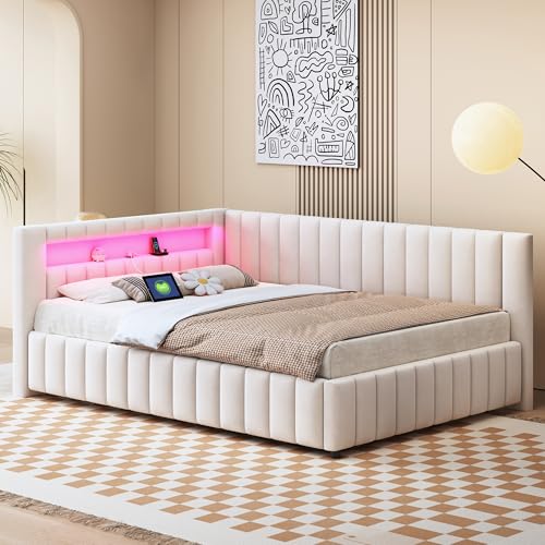 EINHOM Polsterbett Schlafsofa 140x200 cm, Tagesbett mit LED-Licht und USB-Ladeanschluss, Jugendbett mit Rückenlehne, Kopfteil und Bettrahmen, Samtstoff, Ohne Matratze (Beige)