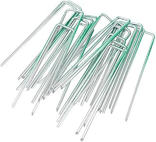 LINZI U-Shaped Garden Pegs, Pack of 100 Half-Green Galvanised Steel Artificial Grass Pins for Securing Weed Fabric Membrane, Netting Fence Camping Nails - Anti-Rust Landscape Staples