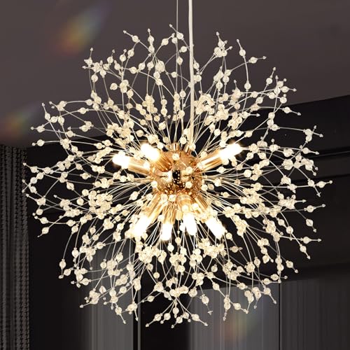 KUNYEEE Lámparas modernas tipo araña con diseño de fuegos artificiales, lámpara colgante Dandelion, 8 luces doradas G9, lámpara tipo araña con cristales para salón, dormitorio, comedor, Φ45 cm
