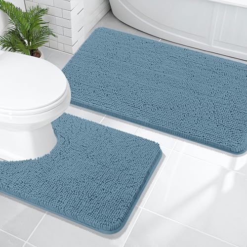 Image of OLANLY Bathroom Rugs Sets 2 Piece, Soft Absorbent Chenille Bath Mats and U-Shaped Contour Toilet Mat Area Rug Set, Machine Washable Bath Carpet, Home Decor Accessories(47 inchx20 inch+24 inchx20 inch, Airy Blue)