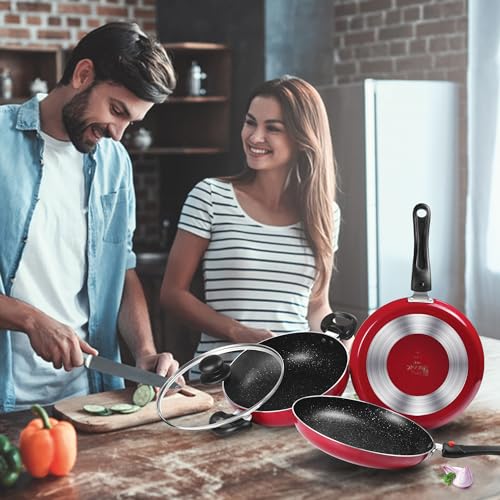 Image of Milton Pro Cook Kitchen Pride Set of 3 Non Stick Cookware | Non Induction I Cooking Pan, Kadhai with Lid, Tawa I Maroon