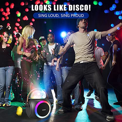 Karaoke Maschine für Erwachsene und Kinder, tragbare Bluetooth Lautsprecher mit 2 UHF Wireless Mikrofone PA-System mit Disco-Kugel, LED-Lichter,für Home Party,Hochzeit,Kirche,Outdoor/Indoor