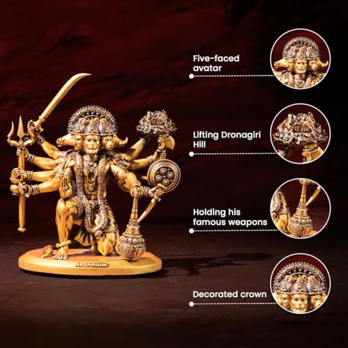 Image of Artarium Resin Gold Panchmukhi Hanuman Murti Bajrangbali Murti Statue Anjaneya Pavan Putra Sankat Mochan Bhagwan for Home Decor Protection (Sitting Panchmukhi Hanuman 6 Inch)