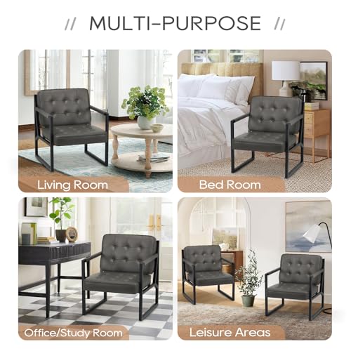 Image of COLAMY Accent Chairs Set of 2, Modern Accent Arm Chairs for Living Room, Comfy Leather Armchairs with Metal Legs for Bedroom Reception Room, Grey
