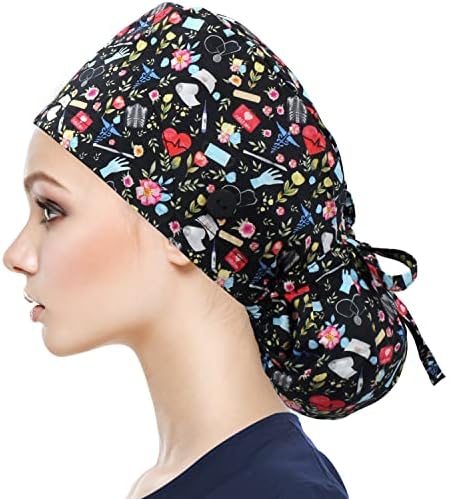 QBA Working Cap with Button Long Hair, Adjustable Working Hat Sweatband Cotton Ponytail Holder, Tie Back Hats for Women & Men, One Size, Guardian Angel