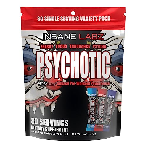 Image of Insane Labz Psychotic, High Stimulant Pre Workout Powder, Extreme Lasting Energy, Focus and Endurance with Beta Alanine, Creatine Monohydrate, DMAE, 30 Srvgs, Variety