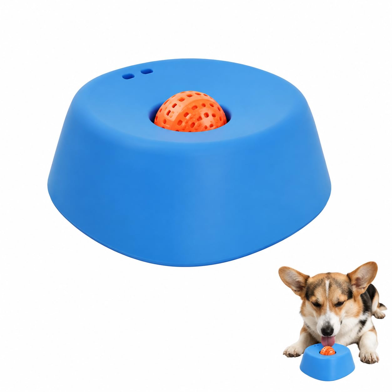 Dog Licking Bowl with Orange Ball,Dog Liquid Treat Bowl(15x15cm,Blue)