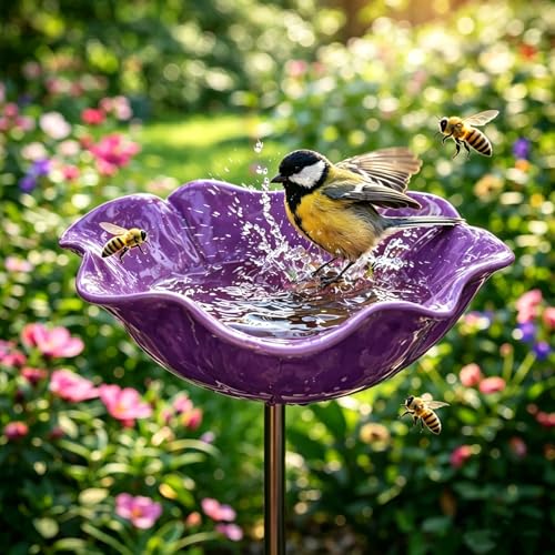 Handgefertigte Vogeltränke aus Metall in Blumenform Winterfester Gartenstecker als Bienen- & Insektentränke für Draußen Elegante Gartendeko-Figur (Lila)