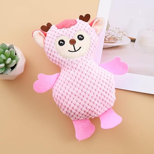 音鳴りシカぬいぐるみおもちゃ、犬猫用ハート型の角付き歯磨きおもちゃ、コーンフリース素材、刺しゅう入り、23×18 cm (ピンク)