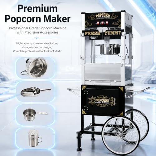 Image of Commercial Popcorn Machine with Cart - 20OZ kettle popcorn makers with heating 3-Switch Control Stainless Steel Kettle for Corporate, School, Business, Institutional, Theater, Carnival, Church, Black