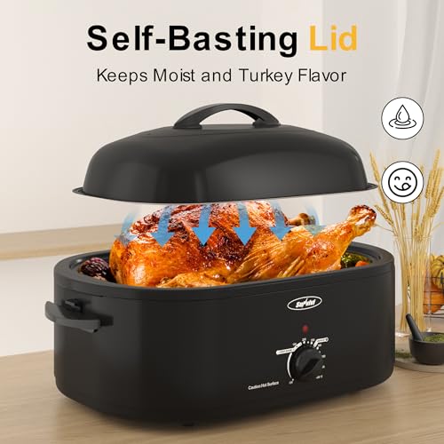 Image of Sunvivi 22lb 18-Quart Roaster Oven, Electric Roaster Oven with Self-Basting Lid, Turkey Roaster with Unique Defrost /Warm Function, Large Roaster with Removable Pan & Rack, Stainless Steel, Black
