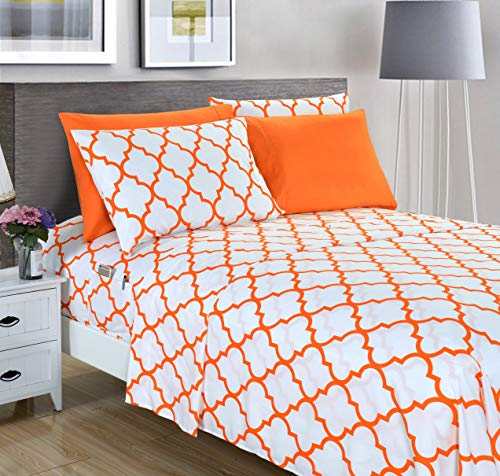 Elegant Comfort Luxury Soft Bed Sheets Quatrefoil Pattern - 1500 Premium Hotel Quality Microfiber Softness Wrinkle and Fade Resistant (6-Piece) Bedding Set, Queen, Joyful Orange