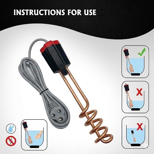 Image of Immersion water heater 1500W|100% shock proof body|Heavy copper element|With Bucket clip| ISI certified| Pin Moulded Plug|Waterproof |Heating for Buckets,Bath,Kitchen & Home Use