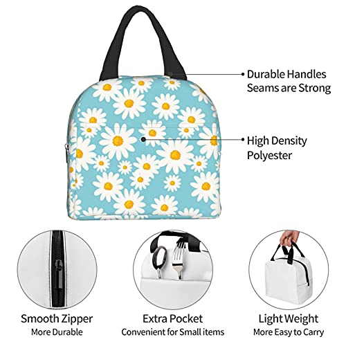 Insulated Lunch Bag For Women, Cooler Tote Reusable Lunch Box Container For Work Office Travel Picnic Daisy Flower Pattern On Blue #TOP6