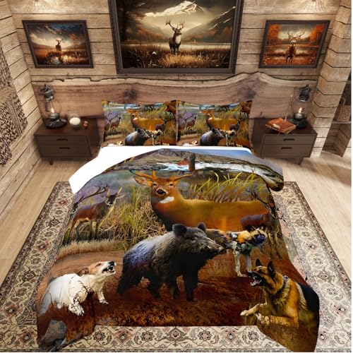 Homemissing Cerf Faune Parure de Lit 200x200cm Thème Chasse Housse de Couette Antlers Chien Cochon...