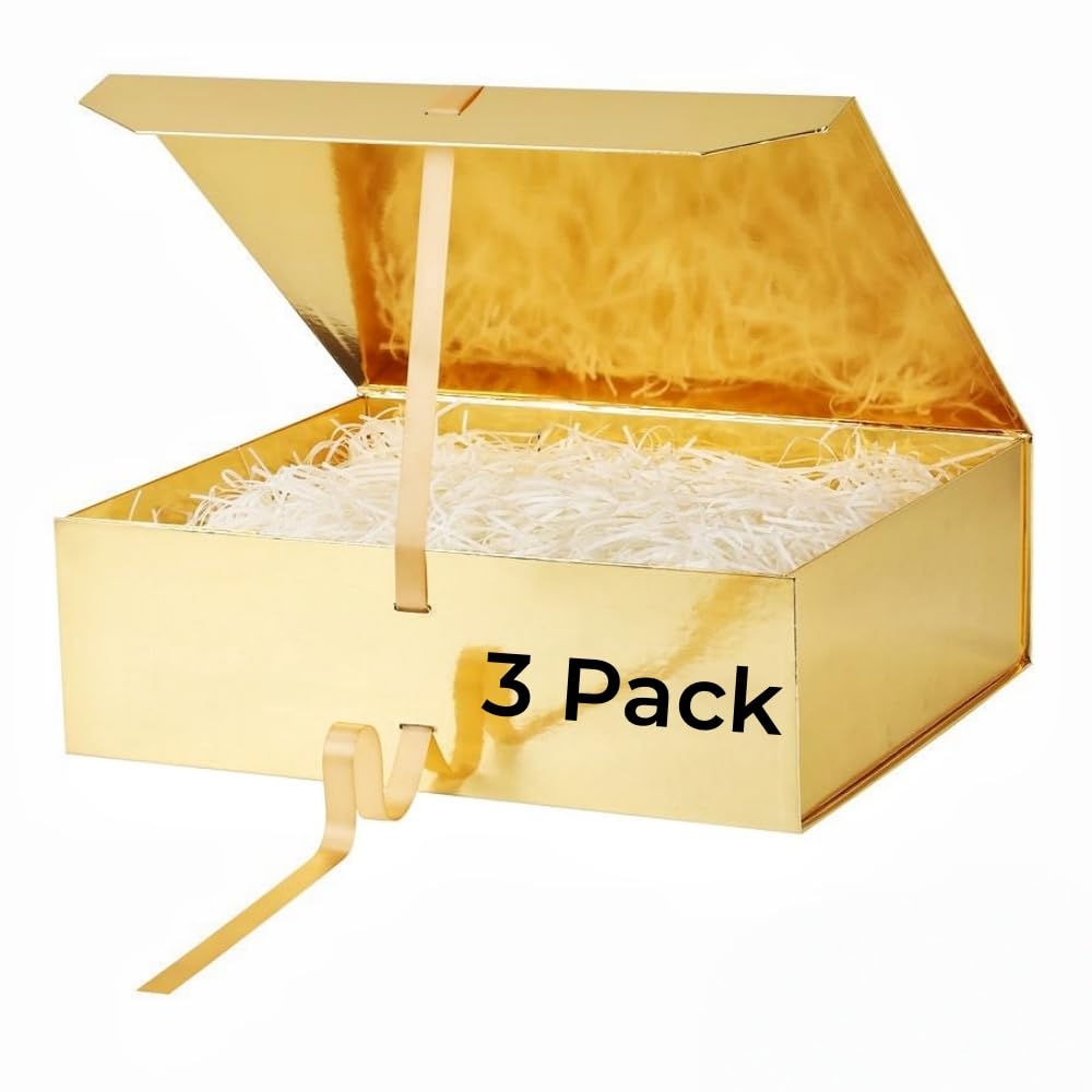 GoooodGift Extra Large Gift Box Gold 3 Pack 16x14x5.3 inch Luxury Gift Box for Presents with Magnetic Closure Lid Collapsible,Birthday,Christmas,Wedding,Contains Shredded Paper Filler — image 1