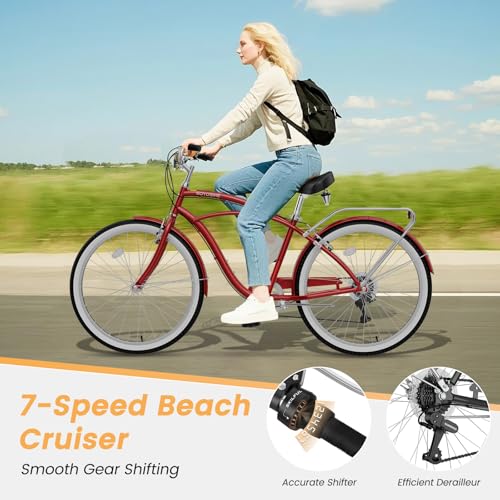 Image of Beach Cruiser Bike for Women and Men, 24 /26 Inch 7-Speed Adult Bicycle