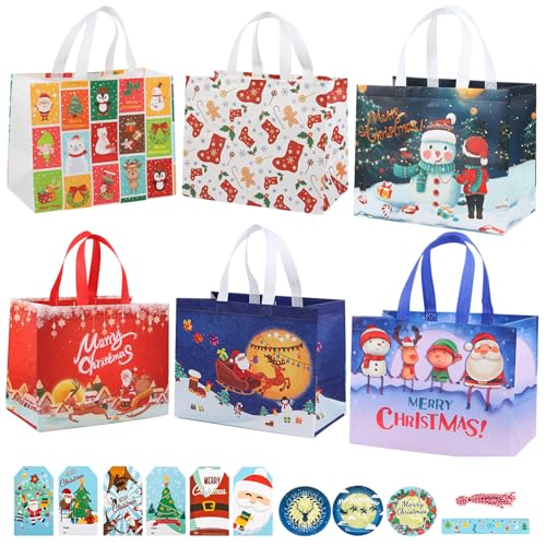 Paquete de 12 bolsas de Navidad, bolsas de regalo reutilizables con asas, incluye 6 bolsas grandes de 13 pulgadas, 6 bolsas de compras impermeables extragrandes de 17 pulgadas, bolsas de regalo de