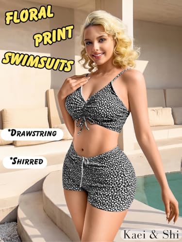 Kaei&Shi Boy Short Bikini Sets for Women,Modest Two Piece High Waisted Shorts Bikinis,Cute Floral Ruched Boyshort Swimsuits2