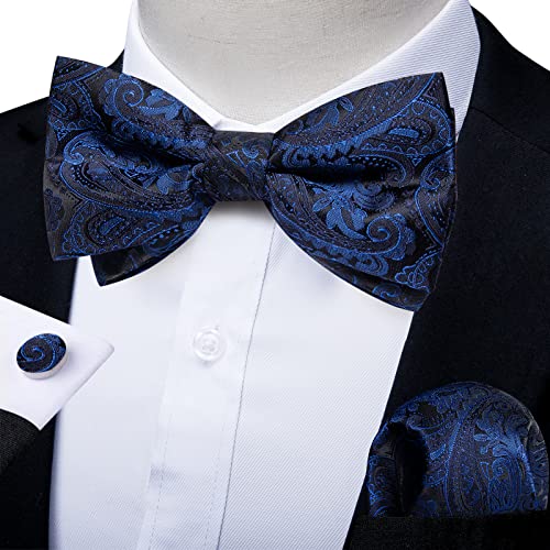 Image of DiBanGu Paisley Pre-Tied Bow Ties for Men Silk Adjustable Bowtie and Pocket Square Cufflinks for Wedding Party