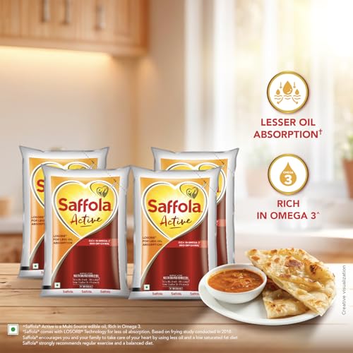Image of Saffola Active Refined Cooking oil | Rich in Omega 3 & Oryzanol | Multi-Source Edible Rice Bran & Soyabean oil| 4 x 850g pouch