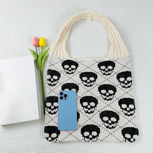 Bolso Tote tejido con calavera gótica para mujer miniatura 3